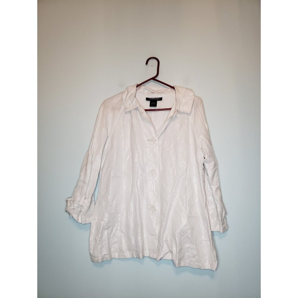 T&W Designs Womens L Jacket Top White  Shimmer Linen Rayon Blend Business Office